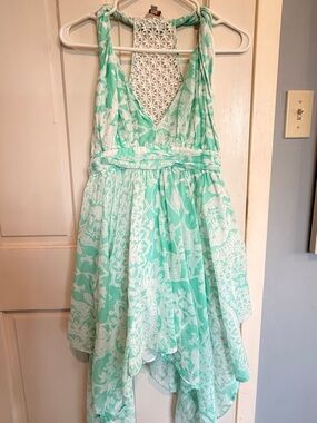 Mint Green Lace Back Floral Handkerchief Dress